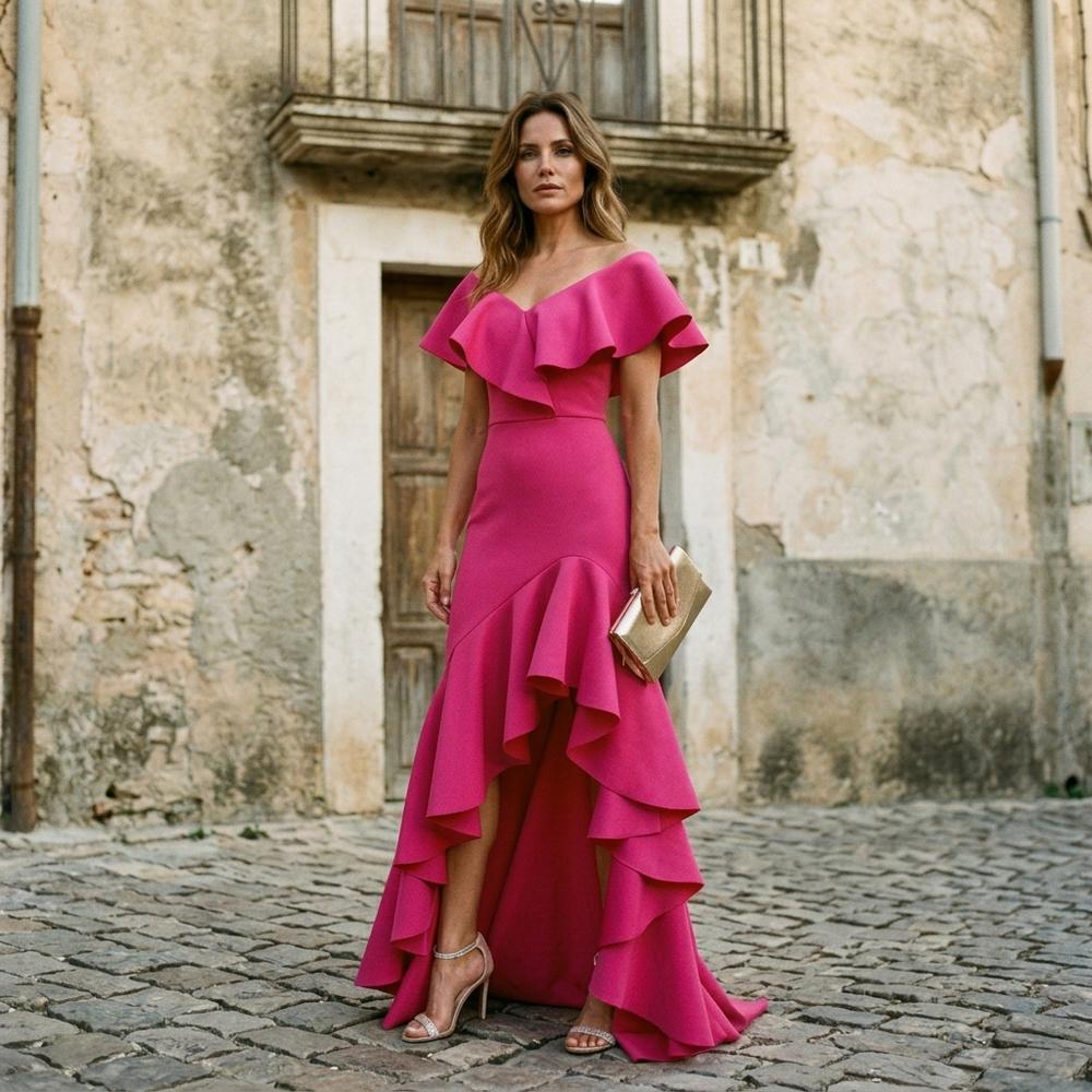 Theresa Mode Zeran Asymmetrisches Gerüschtes Kleid Damen - Magenta