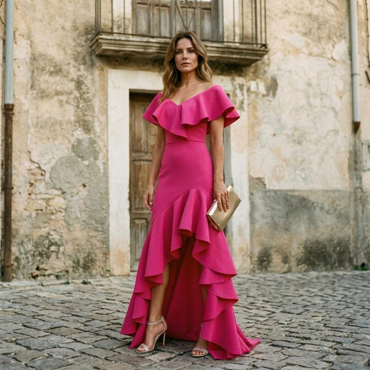 Theresa Mode Zeran Asymmetrisches Gerüschtes Kleid Damen - Magenta