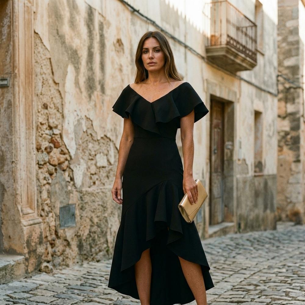 Theresa Mode Zeran Asymmetrisches Gerüschtes Kleid Damen - Schwarz