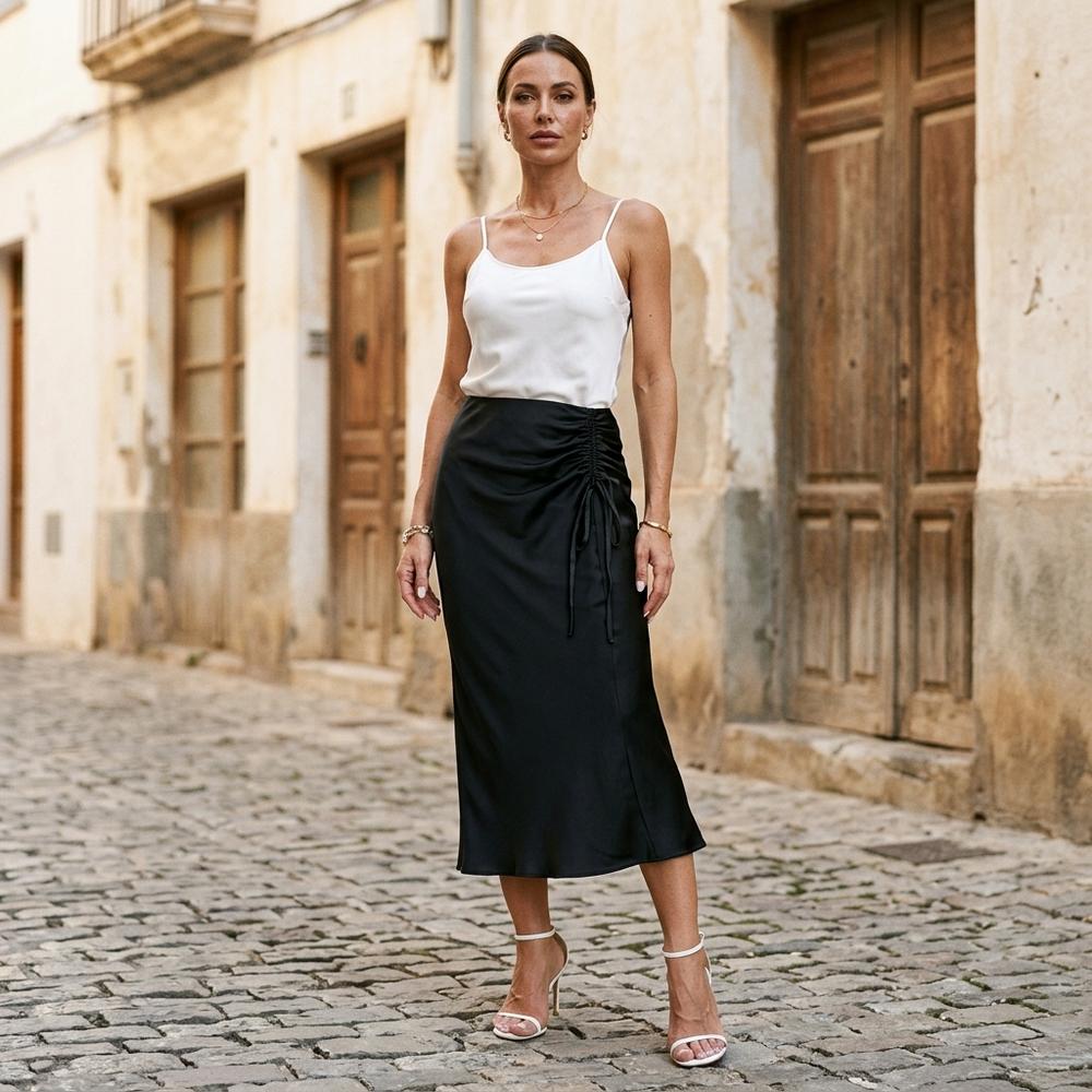Theresa Mode Kamir Geraffter Satinierter Rock Damen - Orange